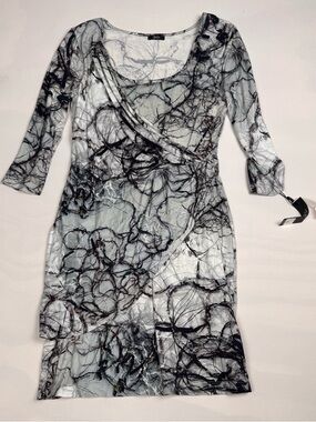 NWT Tyler Kim Faux Wrap 3/4 Sleeve Dress Black White Women’s L Retail $168